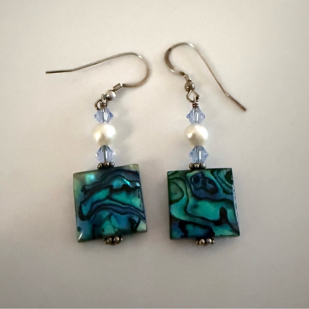 Estate Abalone Shell Pearl Crystal Sterling Silver Earrings NEVER WORN